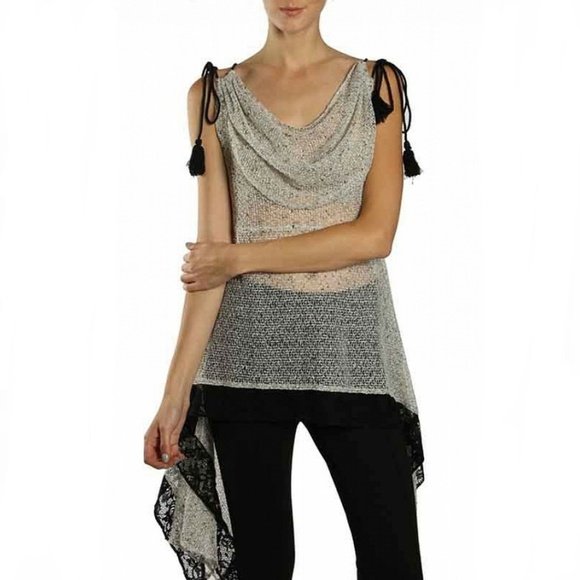 New RYU Tassel Black Lace Cream Asymmetrical Top - Picture 2 of 8